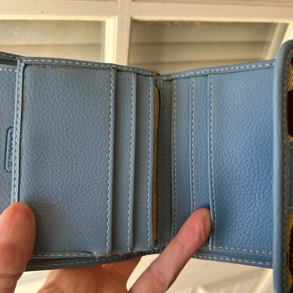 Coach Tan Signature Canvas Wallet with Light Blue Trim - Picture 2 of 4